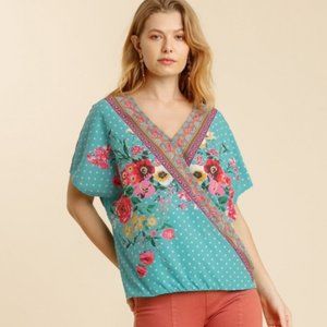 Umgee Mint Mix Print Short Sleeve Surplice Top